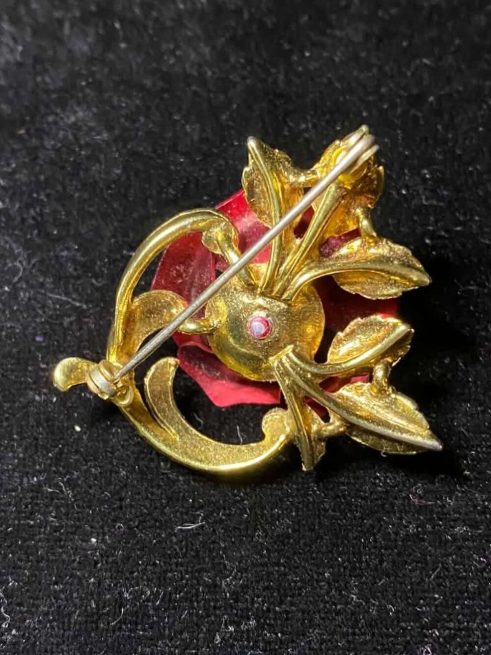 Vintage Antique Gold tone Red Metallic Rose Brooch - Picture 4 of 4